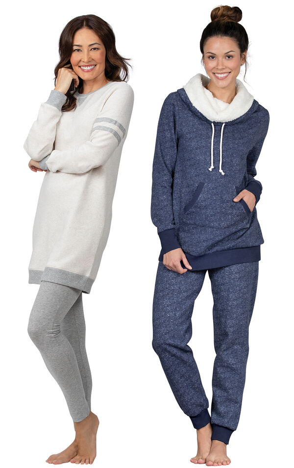 Models wearing Sporty Sweatshirt and Leggings PJ Set - Ivory/Gray and Solstice Shearling Rollneck Pajamas. image number 0