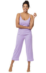 Model wearing Lavender with White Polka Dots Capri PJs for Women image number 0