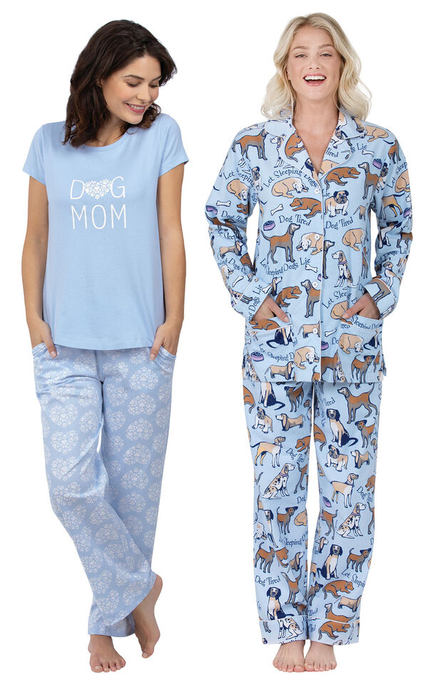 Models wearing Dog Mom Pajamas and Dog Tired Boyfriend Flannel Pajamas. image number 0