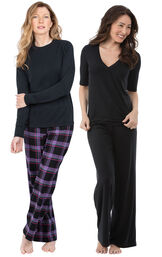 Models wearing Blackberry Plaid Jersey-Top Flannel Pajamas and Naturally Nude Pajamas - Solid Black. image number 0