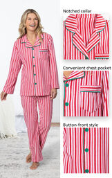 Candy Cane Fleece Women's Pajamas have a notched collar, convenient chest pocket and button-front style image number 2