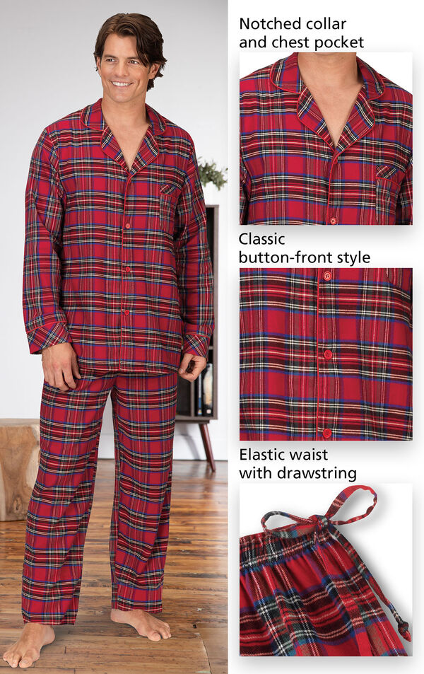 Close-ups of the features of Stewart Plaid Flannel Men's Pajamas which include a notched collar and chest pocket, classic button-front style and elastic waist with drawstring image number 3