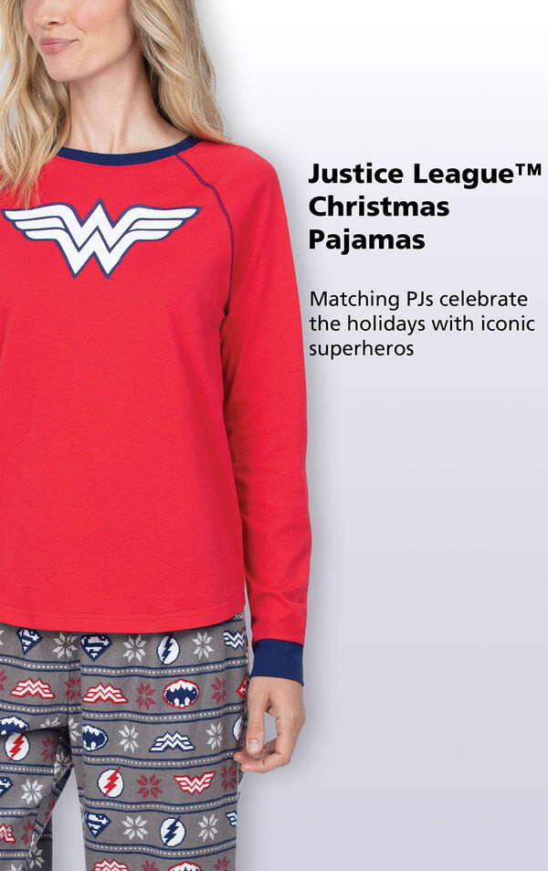 Close-up of Red and Blue Justice League Women's PJ Wonder Woman Top with the following copy: Matching PJs celebrate the holidays with iconic superheroes image number 2