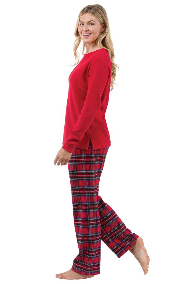 Model wearing Red Classic Plaid Thermal Top PJ for Women, facing to the side