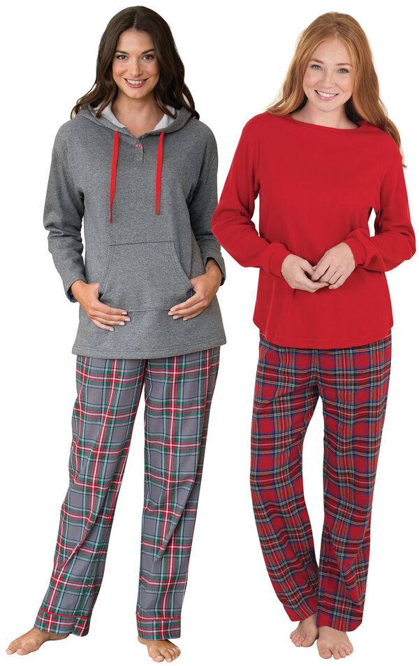 Models wearing Gray Plaid Hooded  Pajamas and Stewart Plaid Thermal-Top  Pajamas. image number 0