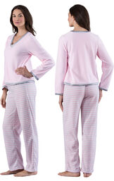 Model wearing Light Pink Stripe Fleece PJ for Women, facing away from the camera and then to the side image number 2