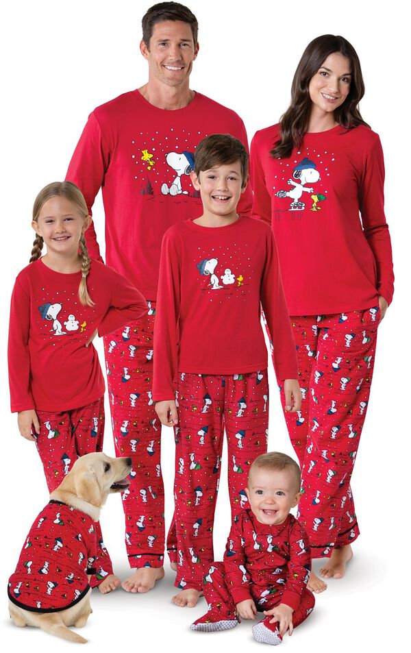 Models wearing Red Snoopy and Woodstock Matching Family Pajamas