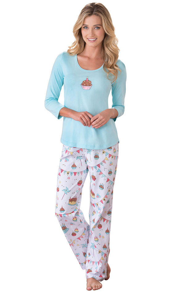 Model wearing Light Blue and White Happy Birthday PJ for Women image number 0