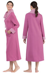 Model wearing World's Softest Raspberry Cowl-Neck Gown for Women, facing away from the camera and then to the side image number 1