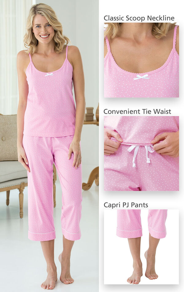 Close-ups of the features of Oh-So-Soft Pin Dot Capri Pajamas - Pink which include a classic scoop neckline, convenient tie waist and capri PJ Pants image number 2