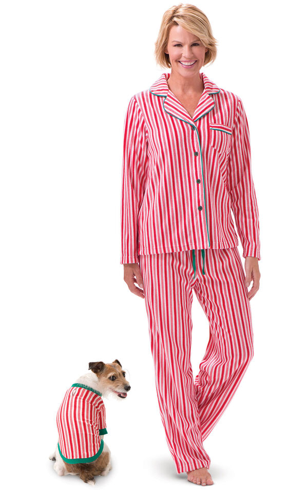 Models wearing Candy Cane Stripe Fleece PJ for Pet and Owner image number 0