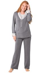 Model wearing World's Softest Gray Cowl-Neck Pajama Set for Women image number 2