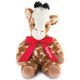 18" Oh So Soft Giraffe - Front view of seated brown and tan patterned Giraffe with ginger brown mane and tail, beige hooves, cream muzzle and black tipped horns wearing a red satin bow with tails personalized with "Sophia" in white lettering image number 3