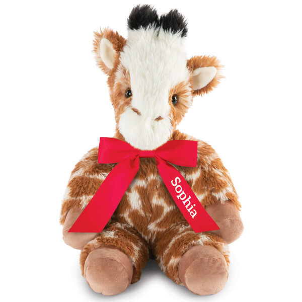 18" Oh So Soft Giraffe - Front view of seated brown and tan patterned Giraffe with ginger brown mane and tail, beige hooves, cream muzzle and black tipped horns wearing a red satin bow with tails personalized with "Sophia" in white lettering