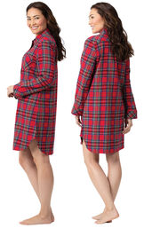 Model wearing Classic Red Steward Plaid mid-thigh length sleepshirt, facing away from the camera and then facing to the side image number 1