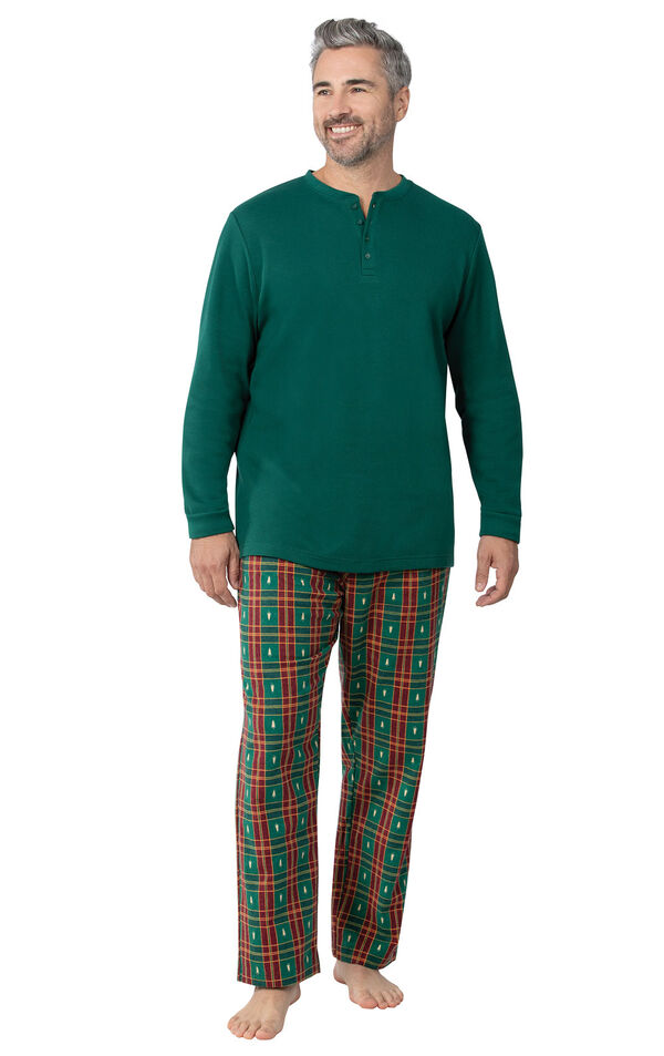 Model wearing Red and Green Christmas Tree Plaid Thermal Top PJ for Men image number 0