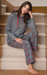 Gray Plaid Hooded Women's Pajamas image number 1