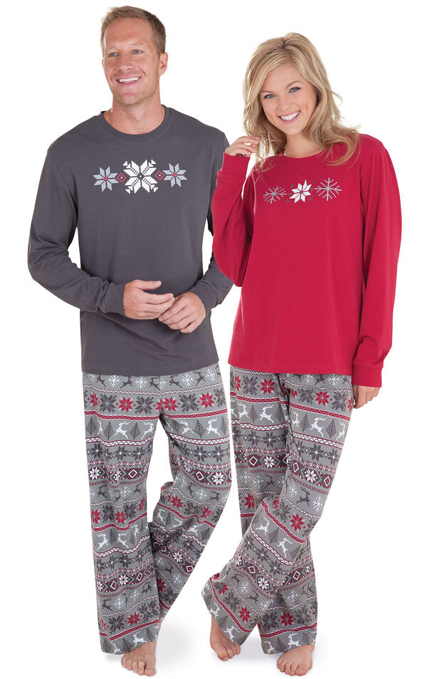 Models wearing Red and Gray Fair Isle Matching Pajamas for Him and Her image number 0
