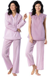 Models wearing Addison Meadow Summer Pullover PJs - Mauve Stripe and Addison Meadow Summer Capris - Mauve Stripe image number 0