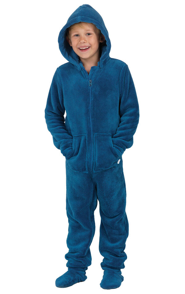Model wearing Hoodie-Footie - Blue Fleece for Kids image number 0
