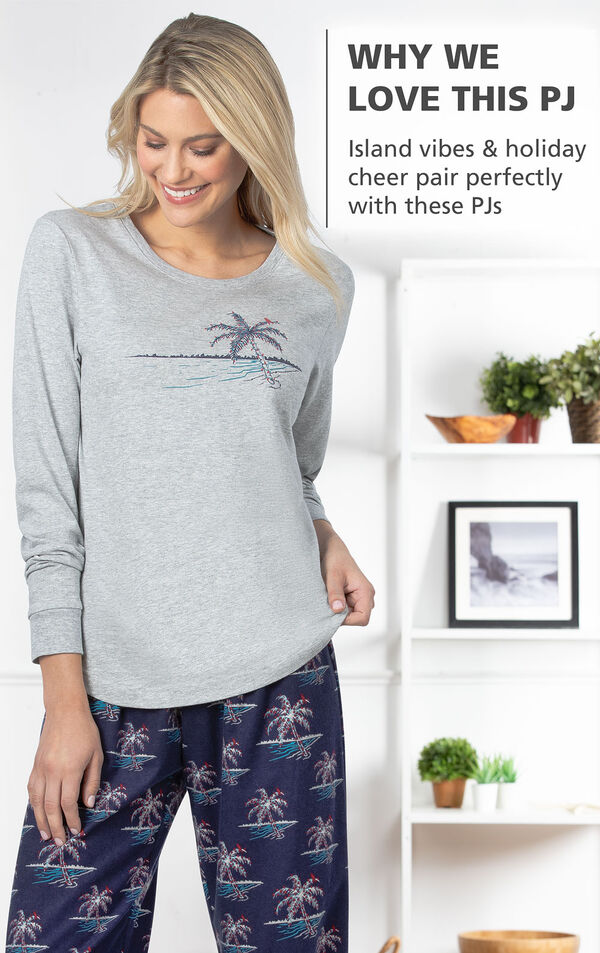 Model wearing Margaritaville Island Time Pajamas - Christmas Palm Tree Print with the following copy: Island vibes and holiday cheer pair perfectly with these PJs image number 3