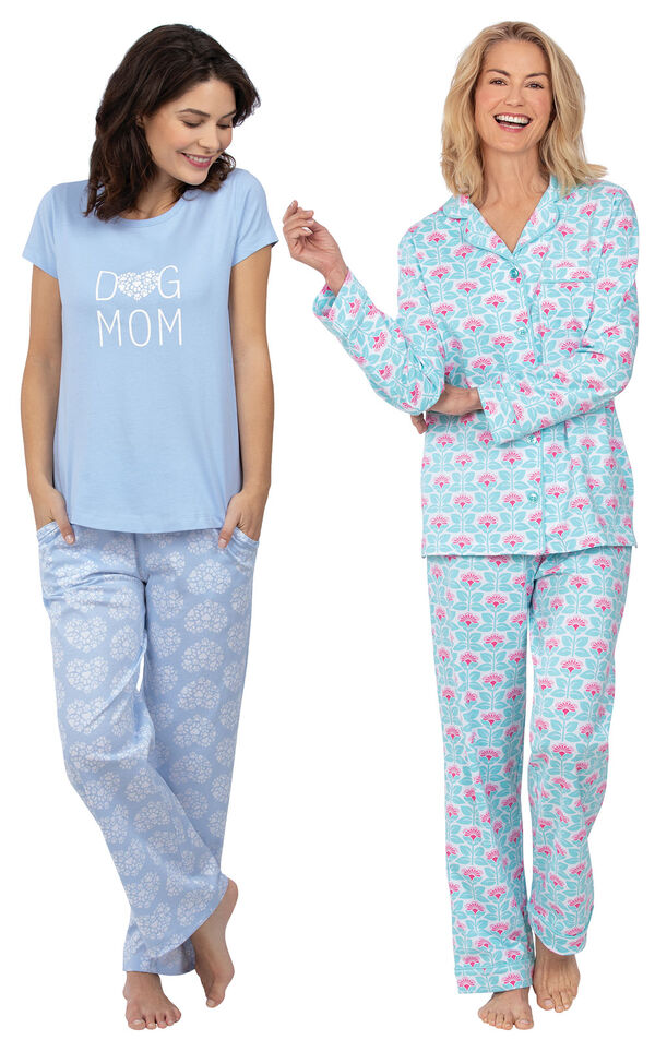 Models wearing Modern Floral Boyfriend Pajamas and Dog Mom Pajamas image number 0