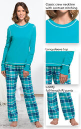 Close-ups of features of Wintergreen Plaid Jersey-Top Flannel Pajamas which include a classic crew neckline with contrast stitching, long-sleeve top and comfy, full-length PJ pants image number 2