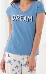 Close-up of heather blue short-sleeve top with "Dream" graphic on the front image number 5