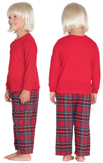 Model wearing Red Classic Plaid Thermal Top PJ for Toddlers, facing away from the camera and then facing to the side