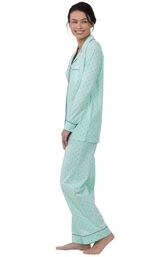 Model wearing Mint and Gray Polka Dot Button-Front PJ for Women, facing to the side image number 2
