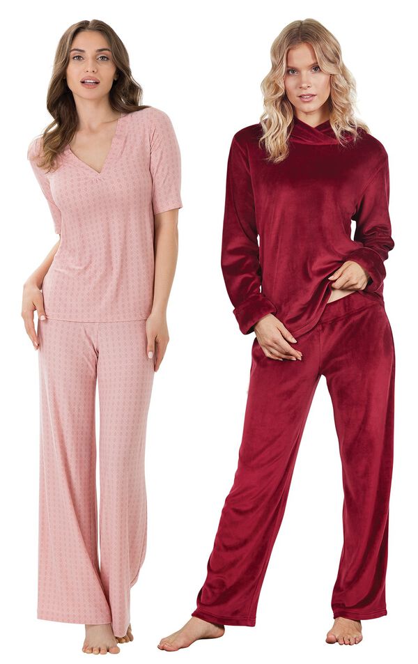 Models wearing Tempting Touch PJs - Garnet and Naturally Nude Pajamas - Pink. image number 0