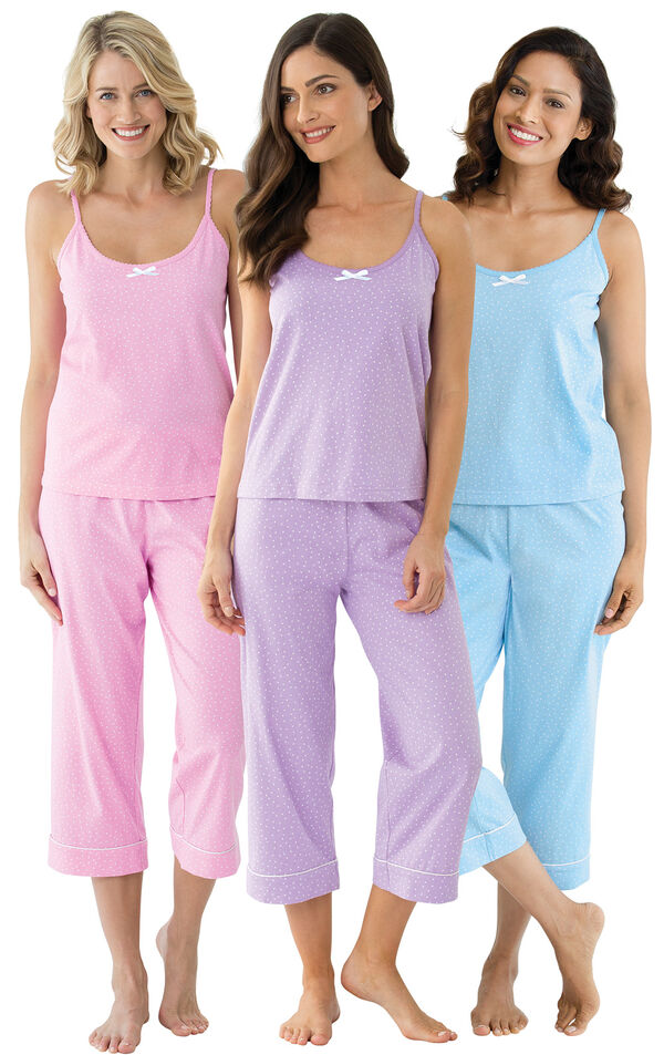 Models wearing Classic Polka-Dot Capri Pajamas - Blue, Classic Polka-Dot Capri Pajamas - Lavender and Classic Polka-Dot Capri Pajamas - Pink. image number 0