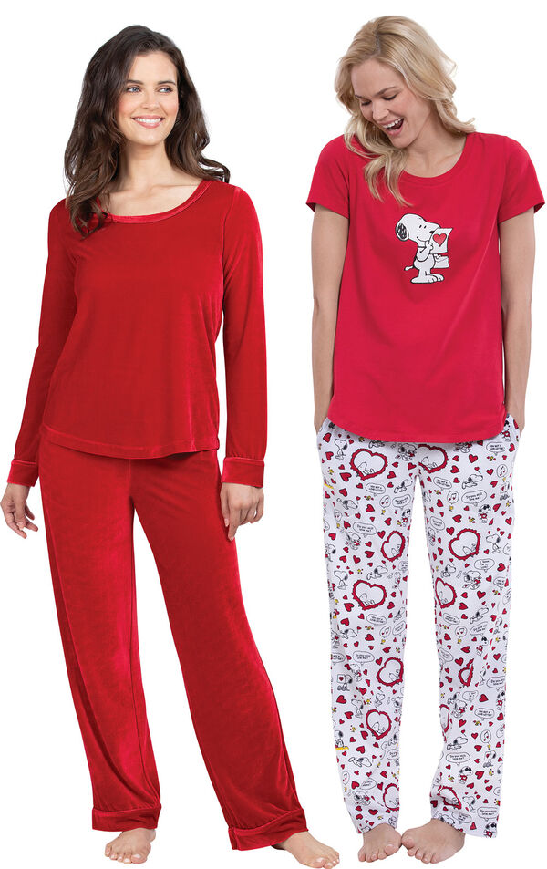 Models wearing Velour Long-Sleeve Pajamas - Ruby and Snoopy's Valentine Pajamas. image number 0