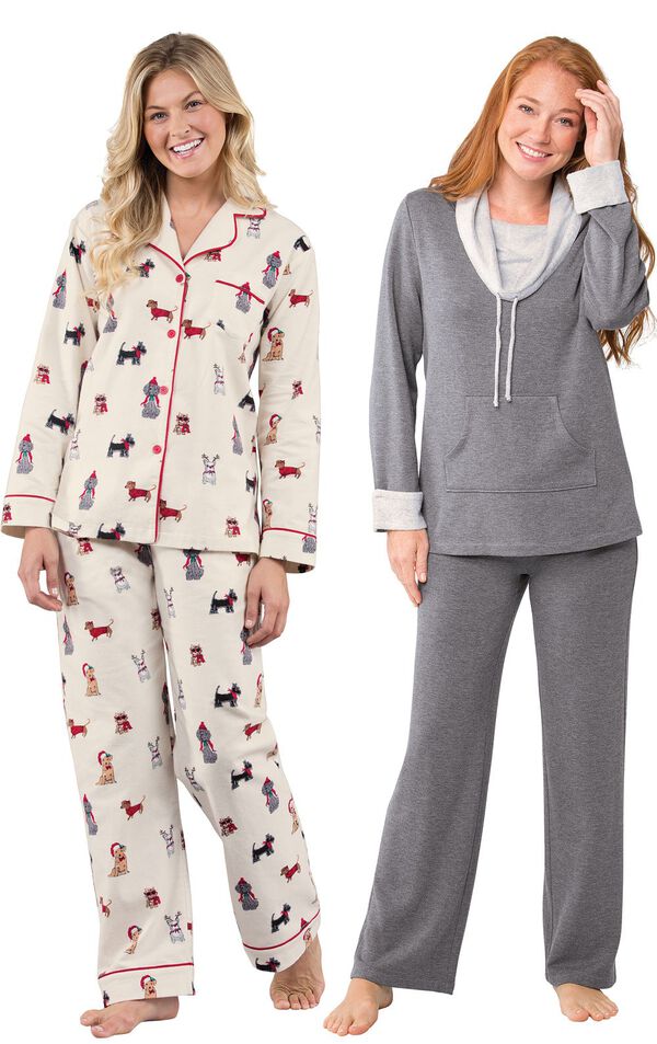 Models wearing Christmas Dogs Flannel Boyfriend Pajamas and World's Softest Pajamas - Charcoal. image number 0