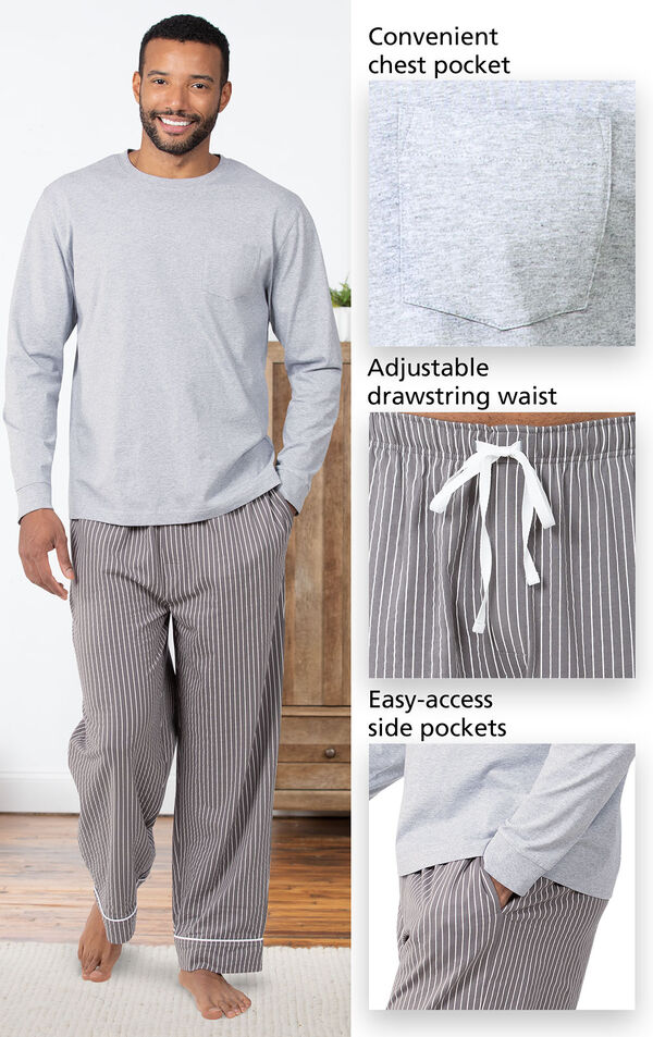 Charcoal Gray and White Stripe PJ for Men feature a convenient chest pocket, adjustable drawstring waist and easy access side pockets image number 4