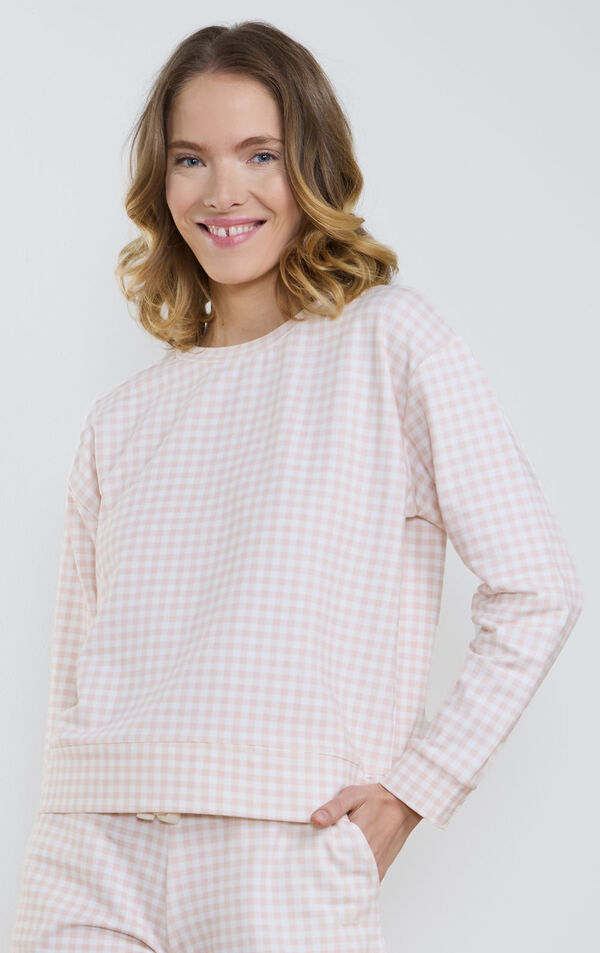 Gingham French Terry Crew - Peach