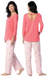 Model wearing Pink Margaritaville Tie-back PJ for Women, facing away from the camera and then to the side image number 1