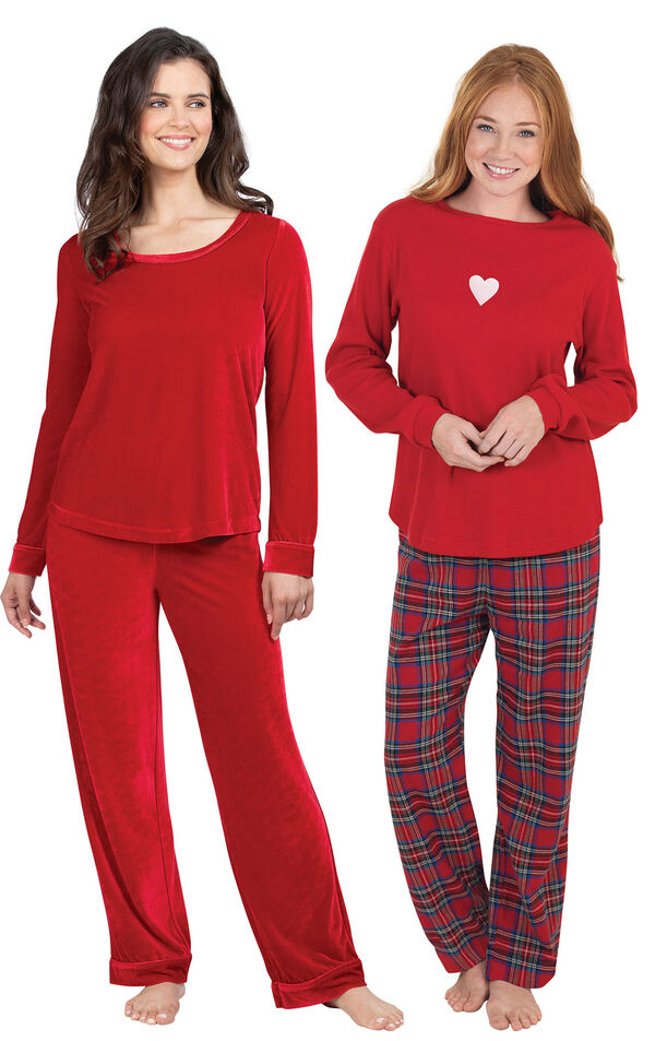 Models wearing Valentine's Day Plaid Pajamas and Velour Long-Sleeve Pajamas - Ruby. image number 0
