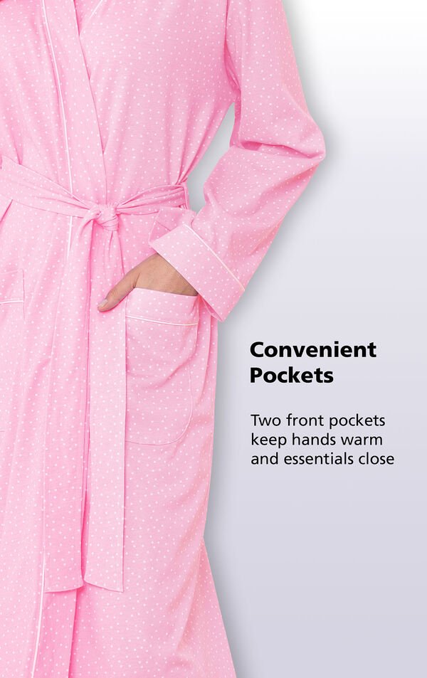 Close-up of Pink Pin Dot Wrap Robe's Convenient Pockets - two front pockets keep hands warm and essentials close image number 2
