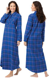 Model wearing Indigo Plaid Flannel Gown for Women, facing away from the camera and then to the side image number 1