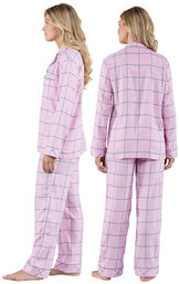 Model wearing Light Pink and Gray Plaid Button-Front PJ - Petite for Women, facing away from the camera and then to the side image number 1