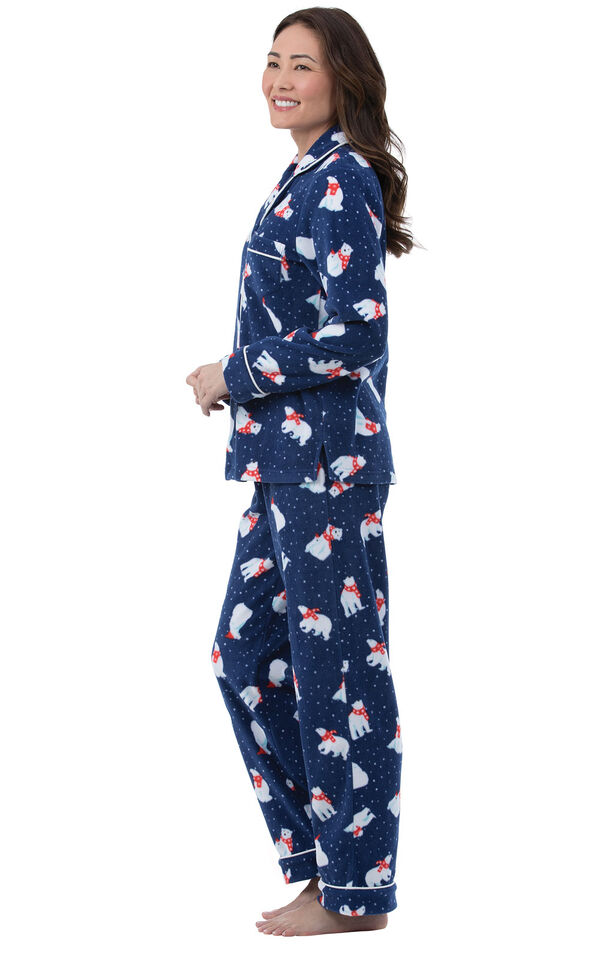 Model wearing Navy Polar Bear Fleece Button-Front PJ for Women, facing to the side image number 2