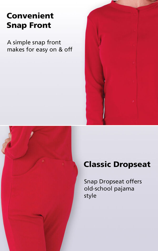 Close up of Red Dropseat Pajama features including a convenient snap front that makes for easy on and off. A classic snap dropseat offers old-school pajama style. image number 2