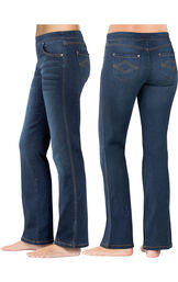 Model wearing PajamaJeans - Bootcut Indigo Wash, facing away from the camera and then to the side image number 1