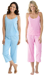 Models wearing Classic Polka-Dot Capri Pajamas - Blue and Classic Polka-Dot Capri Pajamas - Pink. image number 0