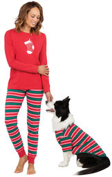 Models wearing Red and Green Christmas Stripe Pajamas for Pet and Owners image number 0