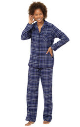 Navy Lurex Plaid Boyfriend Flannel Pajamas image number 0
