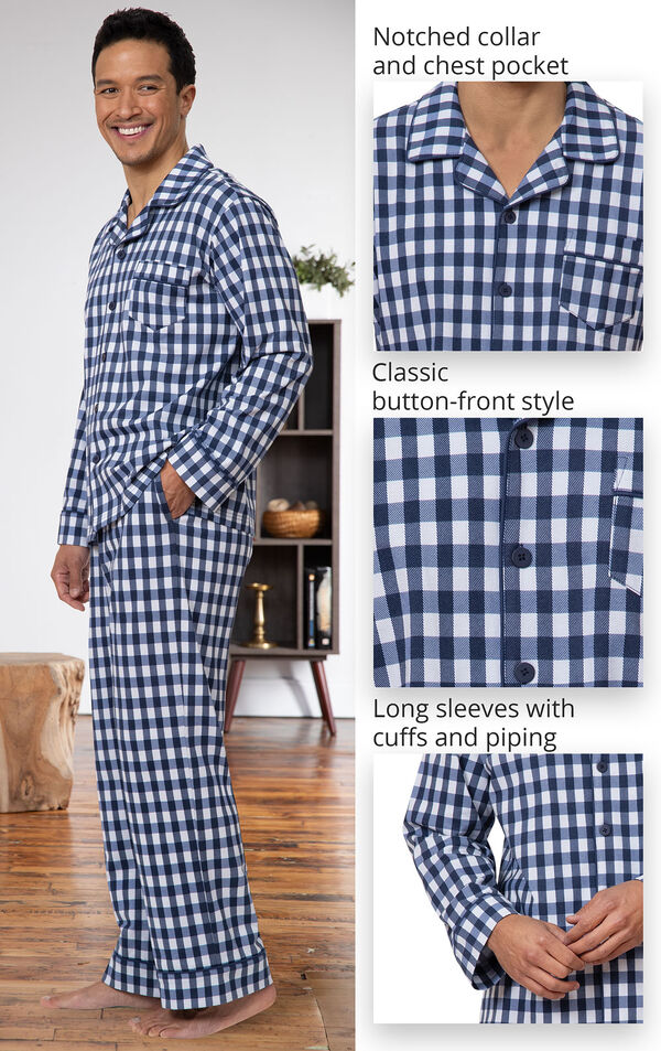 Men's Button-Front Pajamas feature a notched collar and chest pocket, classic button-front style and long sleeves with cuffs and piping image number 3