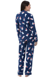 Model wearing Navy Polar Bear Fleece Button-Front PJ for Women, facing away from the camera image number 1