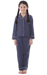 Model wearing Navy Blue and White Stripe Button-Front PJ for Kids image number 0